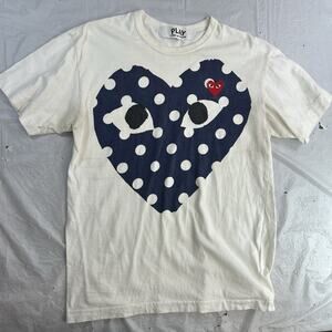 Commes des Garçons Play Mens Large Polka Dot Heart Short Sleeve T-Shirt White